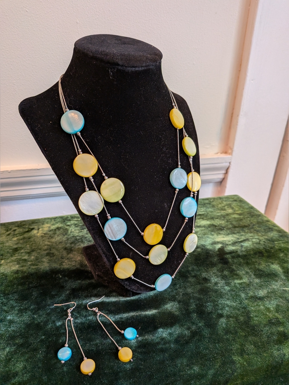 Chico's Multi-Strand Blue, Green & Yellow Beaded Necklace with Drop Earrings